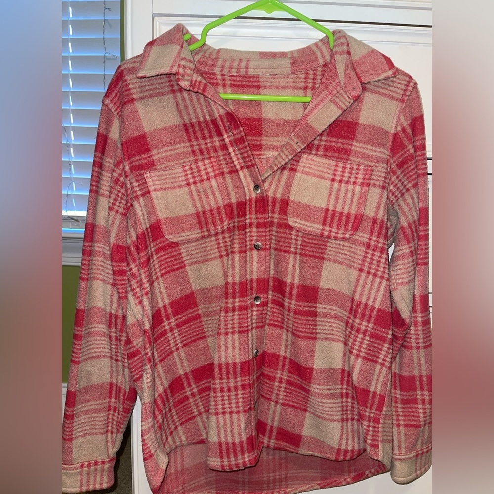 Fuzzy plaid Shacket /button up size Small worn once